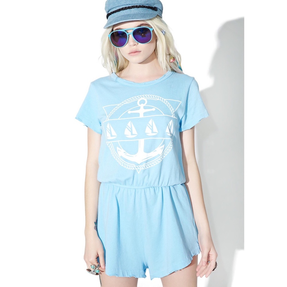 Wildfox Beach Sailboat Anchor Romper Small Blue Vintage
